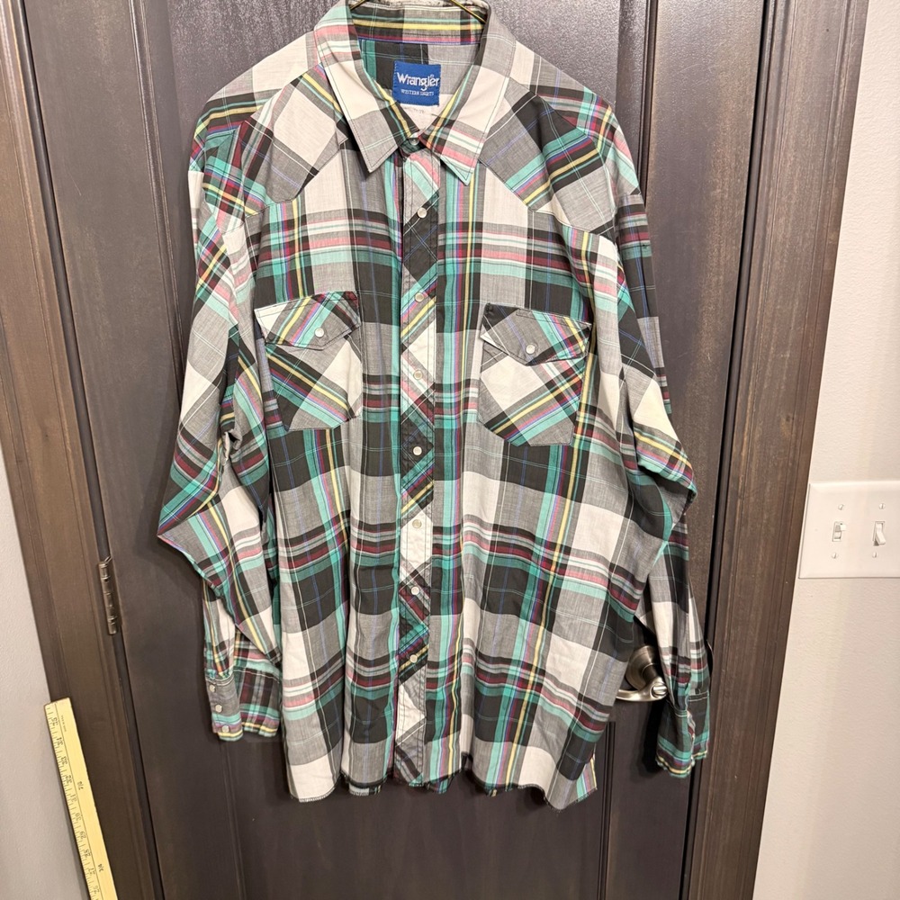 Wrangler Western Shirt Mens 2XL Gray Teal Plaid Pearl Snap Long Sleeve